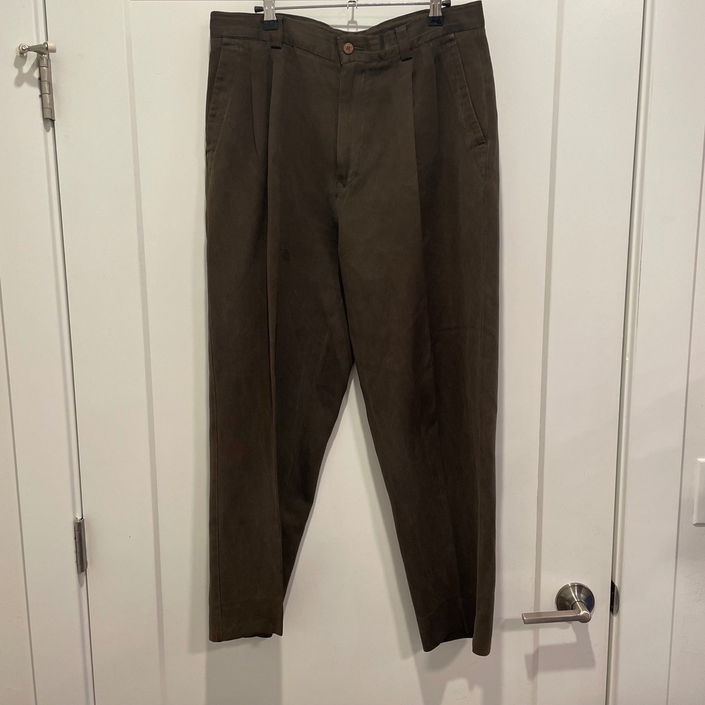 Tommy Bahama Mens 33 Silk Cotton Pleated Trousers Pants Brown Olive 33x27